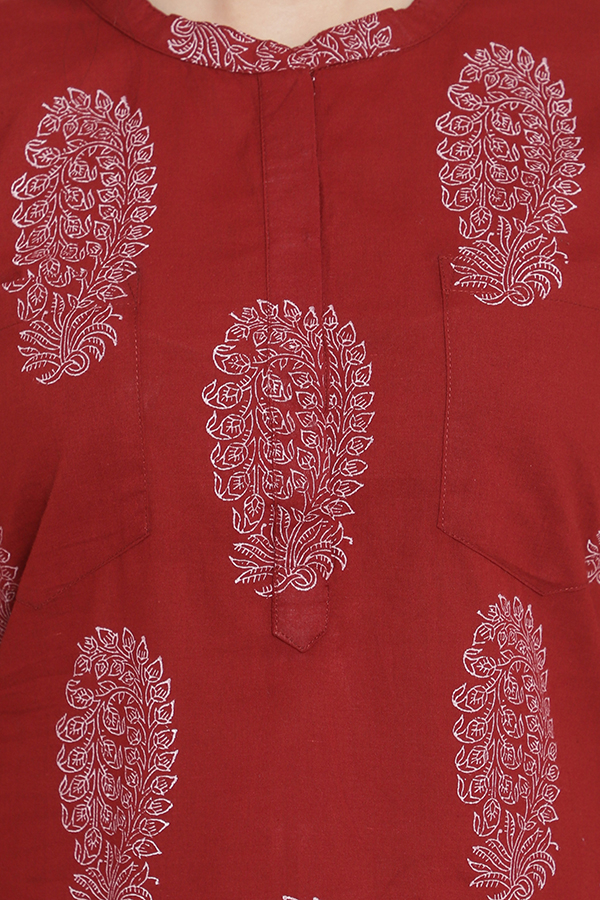 Maroon Block Printed Cotton Straight Kurti