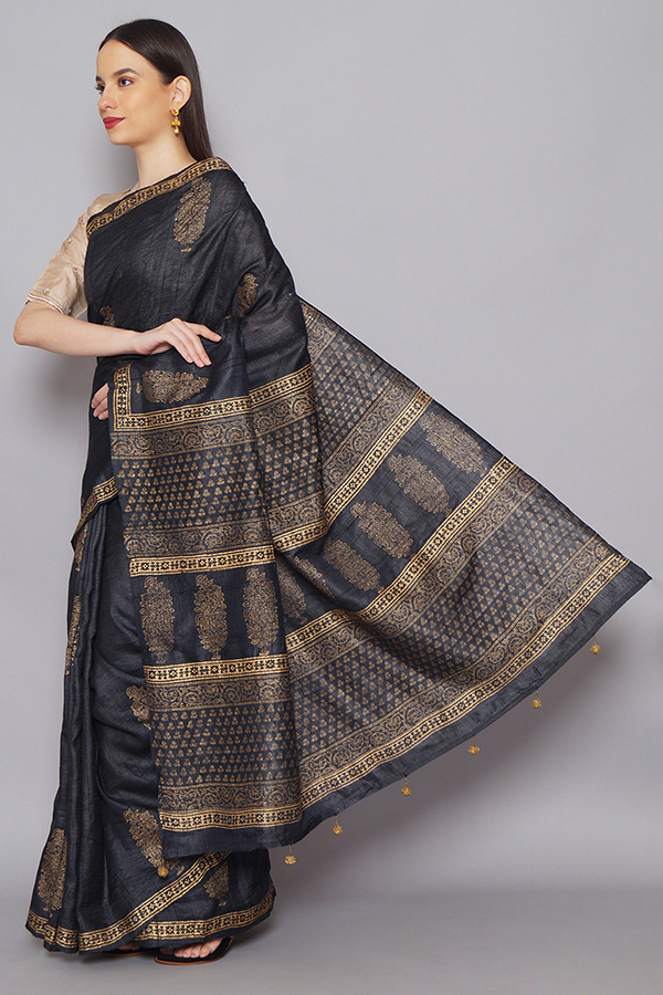 Block Printed Tussar Silk Sarees with Zari Border – Sakhi Creation